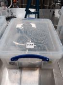 Plastic container to include various stainless steel distillery fittings