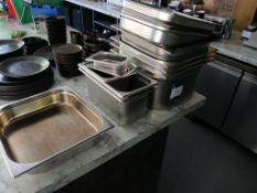 Assortment of trays, pots, pans, stainless steel trays, as lotted