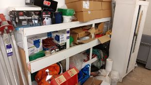Large quantity of consumable items to shelving including respirator filters, bags, ties, rope, etc