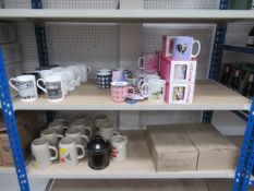 2x Shelves contents including Stiegl ceramic steins, Lesser spotted mugs, Artwow mugs etc