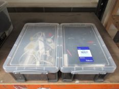 2x Plastic Tubs Containing Drone Cabling and Accessories