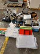 Large quantity of kitchen equipment to include chopping board, pots & pans, cooking trays, bain-