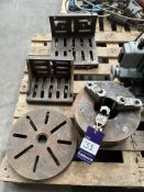 Engineering components including 3 jaw chuck, drill bed and 2x angle plates