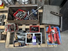 Pallet contents including drill bits, tooling, clamps etc