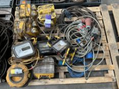 Pallet contents including 240-110V transformer, 110V splitter boxes, LED lights,1ph & 3ph cables