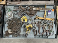 Pallet contents including lift.10 1000kg block & tackle, Yale lever hoist, assorted shackles, liftin