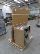 Black desk pedestal with three drawers on wheels (420 x 800 x 690mm) & a 'SHIELD DESIGN' whiteboard