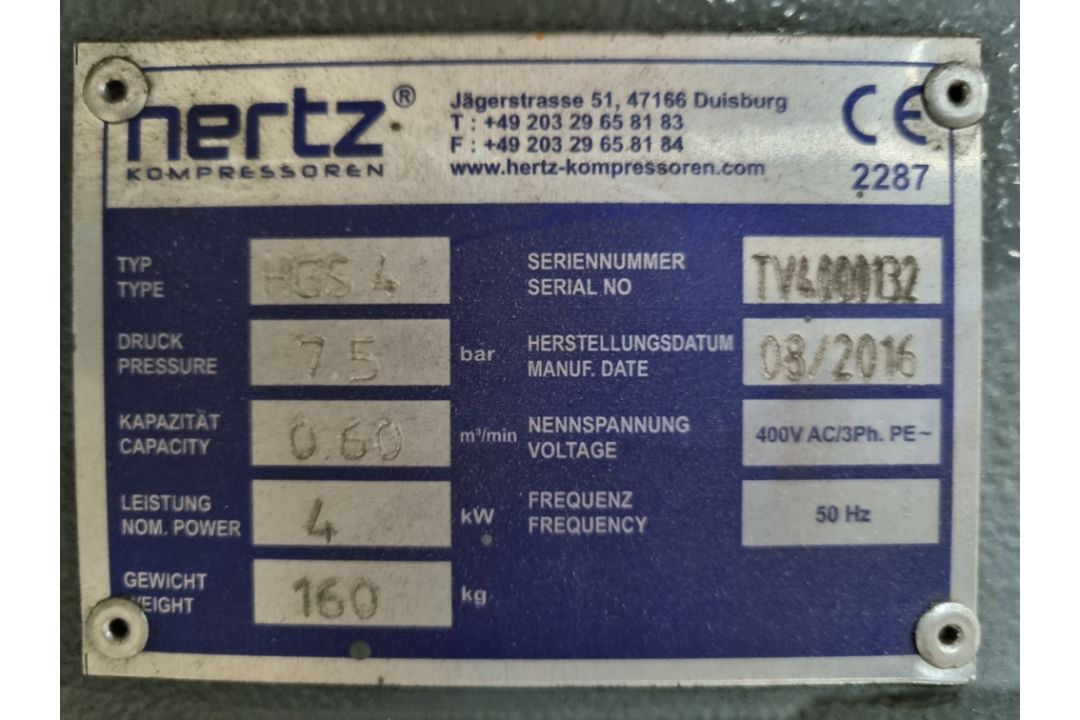 2016 Hertz Type HGS 4KW air compressor, S/No TV4000132 - 3ph/415V - Image 3 of 5