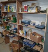 Contents of shelving unit to include saw blades, hand tools, mobile tool chest & other