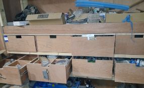 Contents of drawers & shelving to include door & drawer fittings, drill bits and other