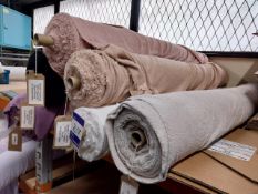 Approx. 50 rolls of various material and fabric to include towelling, satin, sequin, spandex etc.