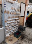 Prym display stand with quantity of wooden craft trinkets and steel display basket