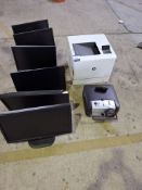 Seven various monitors, Philips Pro screen 4750 projector & HP M552 printer