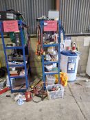 Two racks & contents of various tools, vehicle consumable spares etc with part drum of active XLS