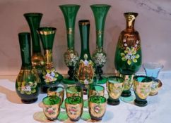 A pair of Bohemian green glass vases, painted with flowers, 22.5cm high, 20th century;  others,