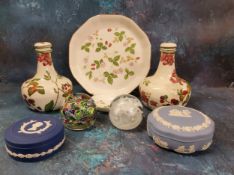 A Wedgwood Wild Strawberry serving plate;  a similar trinket dish;   Wedgwood blue jasperware