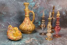 A Millefiori glass duck,  18cm wide;  scent phials;  scent decanter;  etc