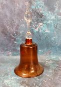 A Victorian cranberry glass bell, clear handle, with clanger, 32cm high, c.1880