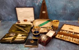 A Paquet metronome;  a silver napkin ring;  plated open salts;  part manicure sets;  etc