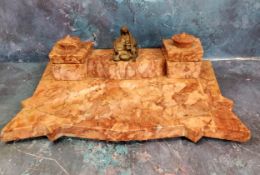 An Art Deco style rouge marble standish, with two wells and large dished pen tray, surmounted with a