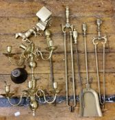 A pair of brass three light two branch wall sconces;   brass fire side implements, including