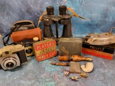 A pair of WWII binoculars by Ross London Bino Prism No.5 Mk IV X7;   Players Gold Leaf Navy Cut tin;