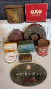Advertising - an oval mirror, Worthington In Bottle;  Tins - Priory Coffee;  Oxo Boots;  First Aid