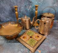 A pair of 19th brass table candlesticks, 24cm high; a plated comport, tea and hot water pot;   an