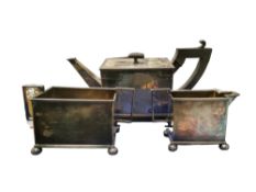 A mid 20th century  E.P.N.S. three-piece rectangular tea service, ball feet, 14cm high