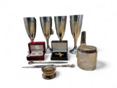 Fellowship Lodge - a set of four Wentworth Pewter champagne flutes, boxed;   a pair of cufflinks,