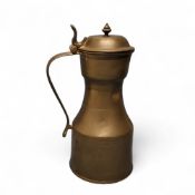 A 19th century pewter tappit hen, typical shouldered form, banded, scroll  thumbpiece, 28cm high,