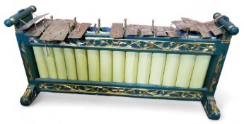 Musical instrument - an Indonesian gamelan 'gender' metallophone, of fourteen tuned metal bars