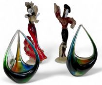 A pair of Murano glass figures,  of flamenco dancers, 39cm high, c.1950;  a pair of triform glass