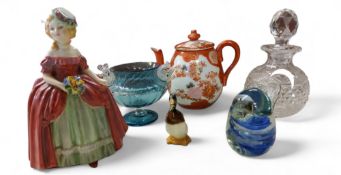 A Royal Doulton figure, Dinky May, HN1656;   a Royal Doulton Duck, HN807;  an Italian pedestal