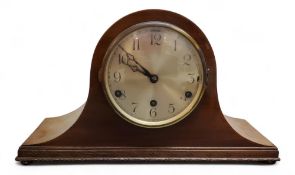 A 20th century mahogany mantel clock, Arabic numerals, three winding holes, eight day movement,