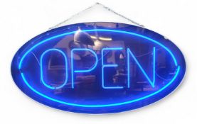 A substantial 'OPEN' blue neon sign, in working order, 150cm wide x 81cm high