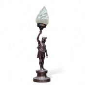 A late 19th century spelter figural library lamp, of Ajax, frosted torch shade, 69cm high, c.1880
