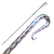 A Nailsea glass frigger cane walking stick, decorated with a double-helix in blue and red, 144cm
