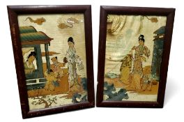 Oriental School, reverse painted glass over silk panels decorated with Japanese children playing,