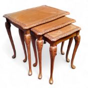 A nest of glass inset occasional table, acanthus capped cabriole legs, 20th century, 56cm wide, 58cm