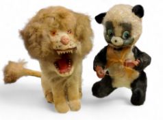 A Japanese clockwork lion, rabbit fur mane, mouth opening, 14cm high, mid 20th century;  a similar