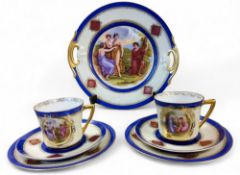 Two  Vienna teacups, saucer,  side plates and a two handled bread and butter plate, each printed