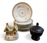 A Victorian Stafforshire cottage pastel burner, applied with shredded clay, 13cm high, c.1880;   a