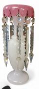 A Victorian milk glass lustre, everted pink rim, clear glass prismatic lustres, 24cm high, c.1880