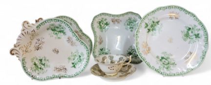 A Rockingham trefoil shaped dish, printed in green with flowers and foliage, gilt seaweed, 23.5cm