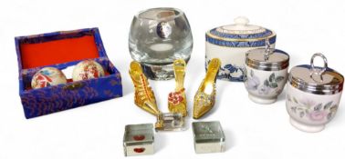 A Tutbury Crystal ovoid vase, 10cm high, boxed; three Palais Royal shoes, encrusted with Swarovski