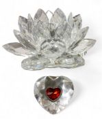 A Swarovski Crystal lotus flower/lily pad candle holder, 14cm wide, boxed;   a Swarovski heart,