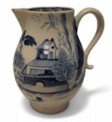 A Lowestoft sparrow beak jug, painted in underglaze blue with house, island, trees and foliage, 9.