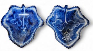 A pair of Bow leaf shaped pickle dishes,  painted in cobalt blue  with grape vine in underglaze
