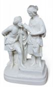 A Victorian Parian figural group, Eliezer and Rebecca,  at the well with Eliezer drinking from a